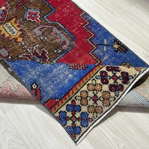 2.8x9.0 Ft, Red Blue Orange Brown Vintage Runner Rug, 3x9 Handmade Turkish Runner, Oushak Entry Kids Kitchen Living Room Runner ,Home Decor