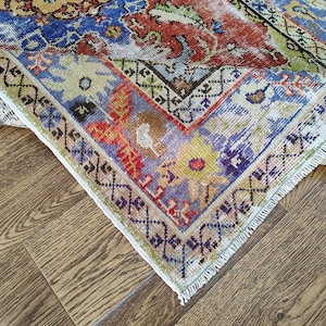3.5x6.2 Red Green Blue Handmade Turkish Runner Rug, 3x6 Red Green Blue Vintage Wool Runner, Oushak Kids Kitchen Entry Runner, Home Decor