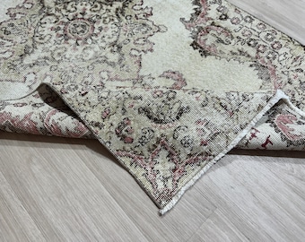 Handmade Wool Oushak Runner Rug: 3.7x6.9 Ft Pink, Green, and Beige