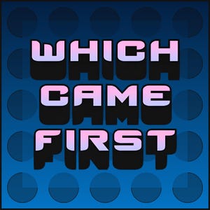 Puede incluir: Gráfico cuadrado con el texto "WHICH CAME FIRST" en una fuente 3D estilo burbuja. El texto es blanco con un degradado rosa y morado, sobre una sombra negra. El fondo es azul con círculos azul claro.