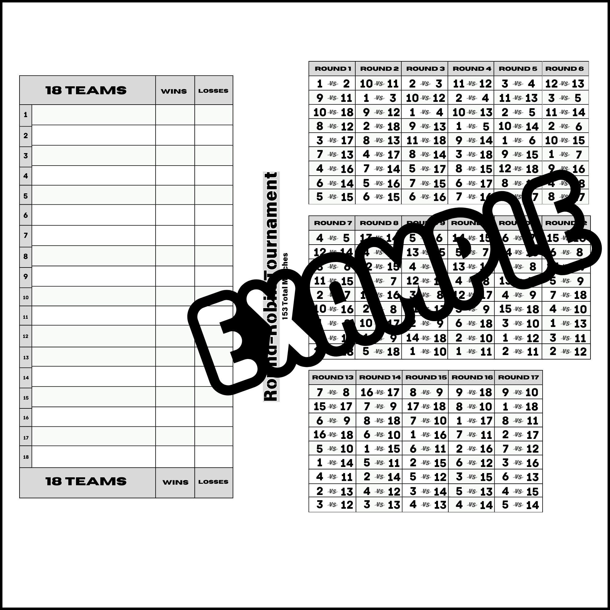 Printable Round-robin Tournament Brackets 4 to 18 Team Templates - Etsy