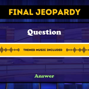 Pu&ograve; includere: Un set di gioco televisivo Jeopardy blu e giallo con le parole "Final Jeopardy" in un riquadro giallo nella parte superiore dello schermo. La parola "Domanda" &egrave; in un riquadro bianco al centro dello schermo. La parola "Risposta" &egrave; in un riquadro verde nella parte inferiore dello schermo. Le parole "Musica a tema inclusa" sono in un riquadro giallo sotto la domanda.