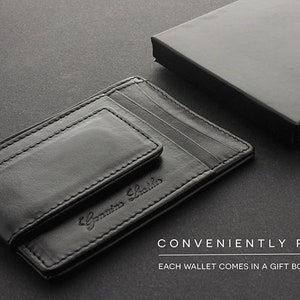 Cartera de cuero para hombre con clip de dinero, cuero de cartera delgada para hombre, cartera de cuero negro para hombre, cartera de bolsillo frontal de cartera de clip de dinero de cuero para hombre
