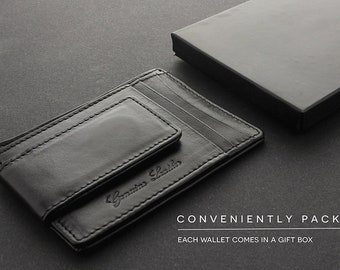 May include: A black leather wallet with a money clip and multiple card slots. The wallet is packaged in a black gift box.  "Conveniently Packaged. Each wallet comes in a gift box."