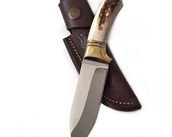 Handmade Deer Antler Hunting Knife, Engraved Blade, Leather Sheath