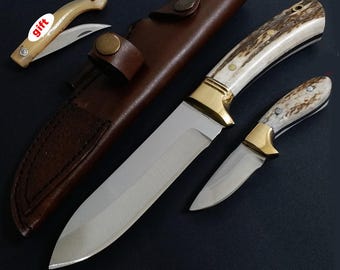 Handmade Deer Antler Hunting Knife, Engraved Blade, Leather Sheath