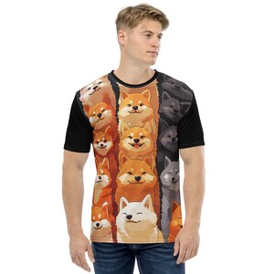 May include: Black short-sleeved t-shirt featuring a repeating pattern of cartoon Shiba Inu dogs in various shades of orange, white, and gray. The design is vertically striped, with the dogs arranged in columns. The shirt is worn by a person.