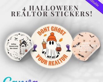 Pode incluir: Três autocolantes circulares com tema de Halloween para agentes imobiliários. Um mostra um fantasma com uma vassoura e o texto Selling Houses Is My Boo-siness. Outro apresenta um fantasma com gorro laranja, bebida e abóbora com o texto DONT GHOST YOUR REALTOR. O terceiro tem um padrão de morcegos e aranhas com o texto HAPPY HALLOWEEN FROM YOUR FAVORITE REALTOR.