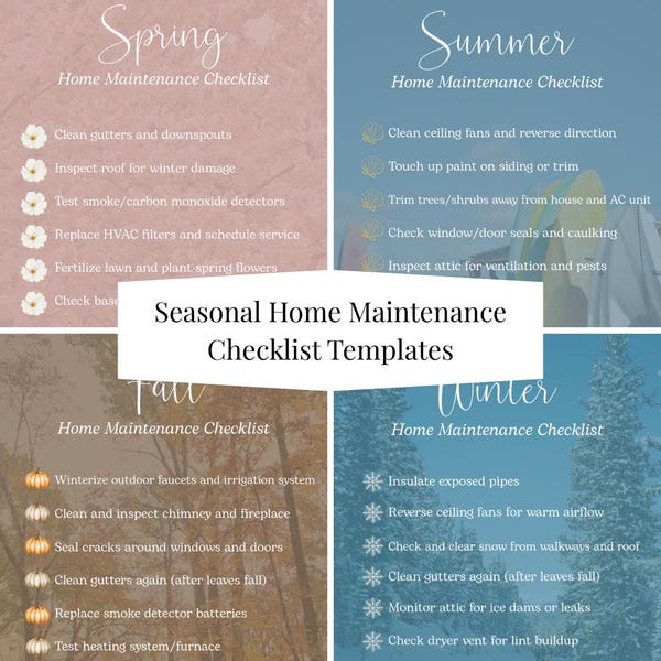 Checklisten-Vorlagen für die saisonale Hauswartung | Postkarte, Magnete, Social Post usw. | Mach es zu Deinem Eigenen