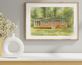 May include: A watercolor painting of a brick house with blue shutters and a blue door. The house is surrounded by green trees and grass. The text "565 Boyds Drive, Marietta" is written below the house.