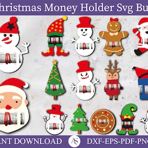 15 Weihnachts-Geldhalter SVG-Bundle, geschichtete Papier-Geldhalter-Ornamente, DIY-Weihnachtsbaumschmuck, Weihnachtsmann-Geldhalter-Svg, Geldgeschenk-Svg