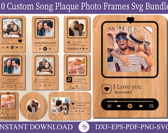 May include: A digital download bundle of 10 custom song plaque photo frames in SVG format. The frames feature a wooden background with a music player design and a heart shape. The frames are perfect for displaying photos of loved ones and can be personalized with a song title and artist.