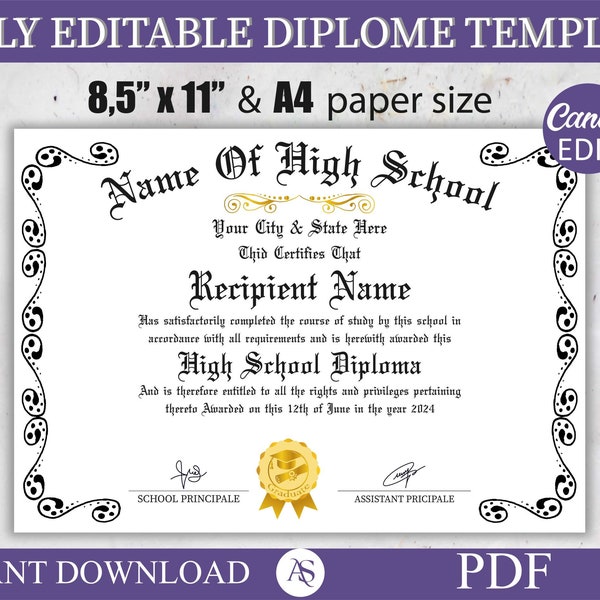 High School Diploma, Home School Diploma, Diploma Template, Printable Certificate With Seal, Diploma Replica Template, Canva Editable