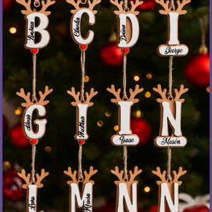 02 Personalized Reindeer Initial Ornament SVG , Custom Letter Christmas Ornament , Wooden Laser Cut File , Holiday Decor Glowforge Cricut