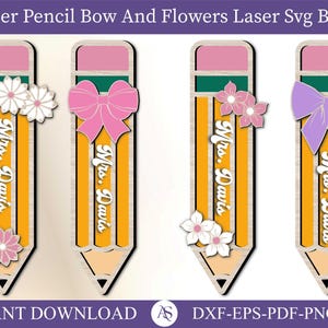 Teacher Pencil Bow and Flowes SVG Laser Cut File, Custom Name Teacher Coquette Bow Appreciation Gift, Back to School, Happy Teacher's Day