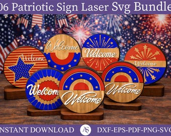 06 Patriotic Welcome Round sign Svg, July 4th door decor Svg, USA Decor Svg, USA Glowforge Svg, Independence Day Svg, USA Door sign Svg
