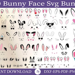 130 Bunny Face Svg, Pasen Svg, Bunny Face Set Pasen, Bunny Pasen Svg, Paashaas Svg, Paashaas Svg, Bunny Cut Files voor Cricut