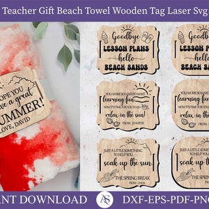 Schattig leraar cadeau strandlaken hout tag laser gesneden digitaal bestand, leraar waardering cadeau idee, voorjaarsvakantie, zomer laser, zon, Glowforge