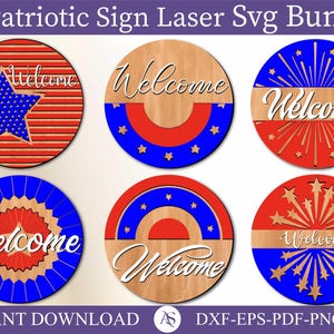 Patriotic Laser Sign Bundle, Round door hanger svg, Glowforge laser file, Cricut, Independence Day svg, 4th of July decor, 4th of july Laser