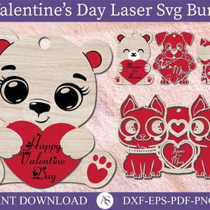 Orsacchiotto personalizzato con cuore SVG taglio laser, regalo di San Valentino, regalo per la coppia, gatto San Valentino Svg, cane San Valentino Laser Svg, download digitale