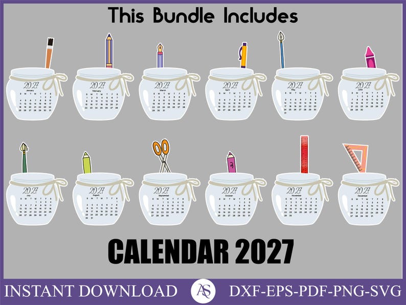 Puede incluir: Gr&aacute;fico digital con doce tarros de calendario para el a&ntilde;o 2027. Cada tarro tiene un calendario y est&aacute; coronado con un art&iacute;culo de papeler&iacute;a diferente, como un l&aacute;piz, un bol&iacute;grafo o unas tijeras. Tambi&eacute;n est&aacute; presente el texto "This Bundle Includes" y "CALENDAR 2027".