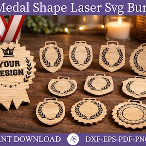 27 patrones de corte de forma de medalla, archivo de corte láser de medalla, diseños de medallas de madera, patrón de forma de premio, medallas en blanco, Glowforge, archivo vectorial SVG