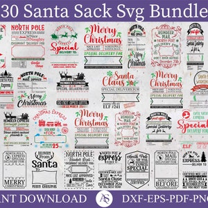 Pacote 30 Saco de Papai Noel svg, Saco de Papai Noel de Natal svg, Saco de Papai Noel png, Saco de presente svg, Expresso de Natal svg, Entrega especial do Pólo Norte svg