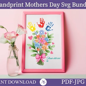 Mother's day handprint svg, Mother's day craft handprint art birthday activity floral bouquet grandma flower kids, Gift handprint svg