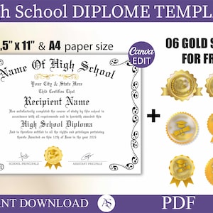 Bearbeitbare High School Diploma Vorlage, High School Diploma, Diplom Replik Vorlage, Home School Diploma, Sofortiger Download, 06 Gold Seals