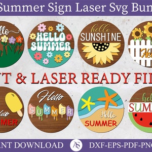 Paquete de signos láser de verano, Descarga digital, Percha de puerta redonda svg, Archivo láser Glowforge, Archivo de corte Cricut, Signo de bienvenida Hola sol, láser