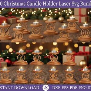 Op de afbeelding: Een verzameling houten kerstkaarsenhouders met ingewikkelde lasergesneden ontwerpen. Elke houder heeft een cirkelvormige basis en bovenkant, verbonden door een decoratief middengedeelte met feestelijke silhouetten. De tekst "110 Christmas Candle Holder Laser Svg Bundle" is inbegrepen.