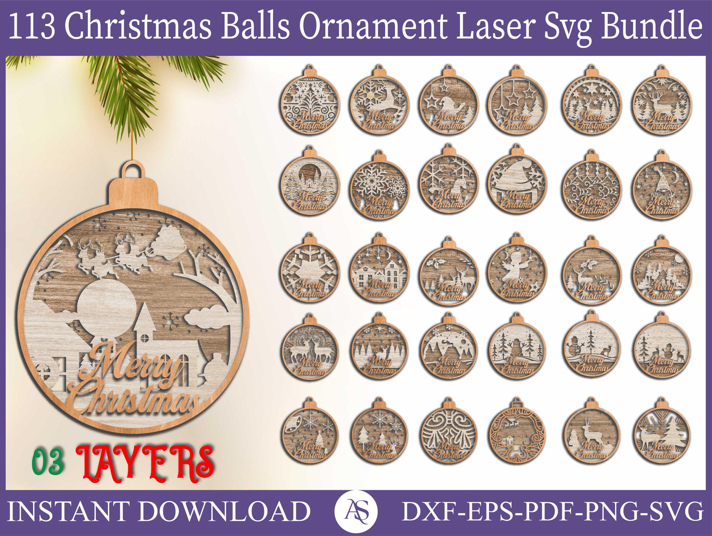113 Christmas Ornament SVG bundle, 3 Layers Ornament Laser Cut Files, Christmas Balls Tree Decorations Craft Hanging Bauble Digital Download