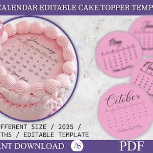 Burn Away Cake Topper Calendar Template, Custom Round Сake Topper, 2025 Calendar Printable, Birthday Cake Topper, Canva Editable
