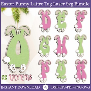 Bunny Ears Letters Cestino di Pasqua Tag SVG, A-Z Bunny Alphabet Svg, Iniziali del coniglio di Pasqua File tagliato al laser Glowforge Download digitale, DXF