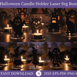May include: A collection of black Halloween-themed candle holders, including ghosts, an owl, a cat, and a witch, each holding a lit tea light. The text "20 Halloween Candle Holder Laser Svg Bundle" is at the top. The phrase "Instant Download" is at the bottom.