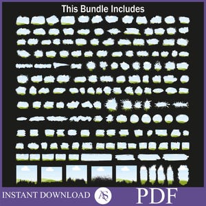 May include: A set of 100 white brush stroke graphics with a blue sky and green grass background. The graphics are in various shapes and sizes, including circles, squares, rectangles, and irregular shapes. The graphics are perfect for adding a touch of whimsy and texture to your designs.