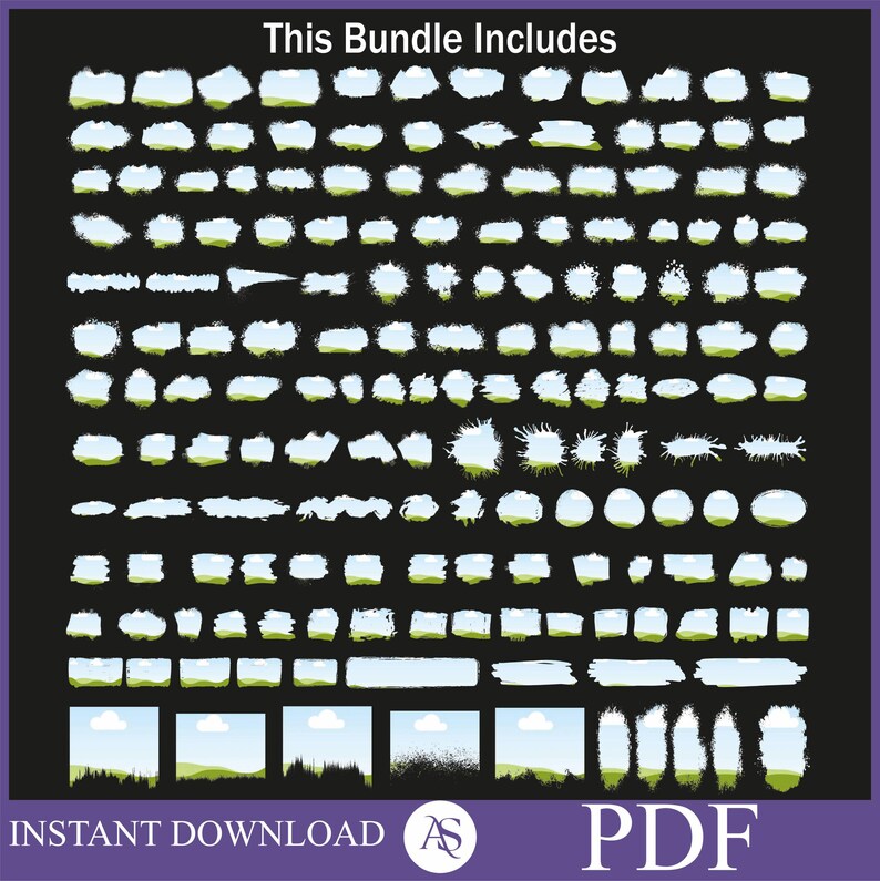May include: A set of 100 white brush stroke graphics with a blue sky and green grass background. The graphics are in various shapes and sizes, including circles, squares, rectangles, and irregular shapes. The graphics are perfect for adding a touch of whimsy and texture to your designs.
