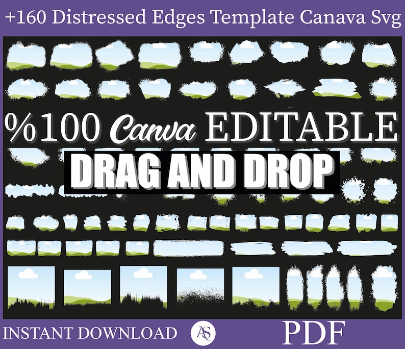 May include: A digital download of 160 distressed edges templates for Canva. The templates are 100% editable and can be dragged and dropped into your designs. The image shows a variety of edges, including rounded, jagged, and torn edges. The edges are in white and are on a black background.