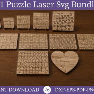Paquete SVG de rompecabezas | 11 formas de rompecabezas cortadas con láser | Cuadrado, redondo, rectángulo, corazón | Archivos SVG, DXF, Ai LightBurn para Glowforge xTool OMTech