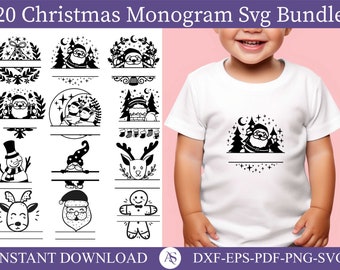 Christmas monogram svg, Christmas baby name svg, funny children's Christmas, split monogram santa, elf, angel, smowman reindeer, png clipart