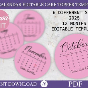 2025 Calendar Round Cake Toppers, Burn Away Cake Topper Calendar Template, Sugar Frosting, Wafer Paper, Custom Cake Topper, Canva Editable