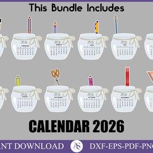 Puede incluir: Un gr&aacute;fico digital con doce tarros de calendario para el a&ntilde;o 2026, cada uno etiquetado con un mes. Los tarros est&aacute;n decorados con varios art&iacute;culos de papeler&iacute;a, incluyendo bol&iacute;grafos, l&aacute;pices y tijeras. El texto "CALENDAR 2026" se muestra debajo.