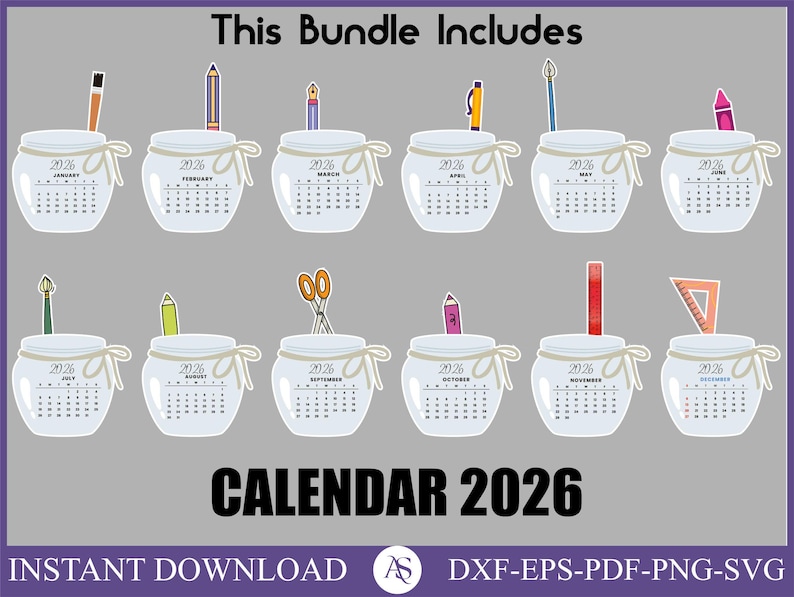 Puede incluir: Un gr&aacute;fico digital con doce tarros de calendario para el a&ntilde;o 2026, cada uno etiquetado con un mes. Los tarros est&aacute;n decorados con varios art&iacute;culos de papeler&iacute;a, incluyendo bol&iacute;grafos, l&aacute;pices y tijeras. El texto "CALENDAR 2026" se muestra debajo.