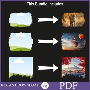 May include: A digital download bundle of three landscape images. The first image is a green field with a blue sky and white clouds. The second image is a sunset with hot air balloons in the sky. The third image is a mountain scene with a red maple tree in the foreground.