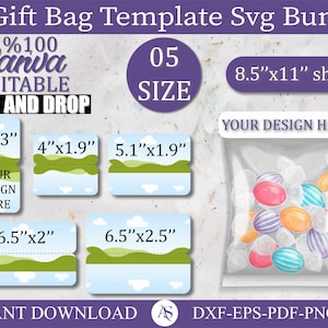Peut inclure: Un ensemble de cinq modèles de sacs cadeaux imprimables au format SVG. Les modèles présentent un ciel bleu avec des nuages blancs et une colline herbeuse verte. Les modèles mesurent 3x3 pouces, 4x1,9 pouces, 5,1x1,9 pouces, 6,5x2 pouces et 6,5x2,5 pouces. Le texte "Your Design Here" apparaît sur chaque modèle. Le texte "05 Gift Bag Template Svg Bundle" apparaît en haut de l'image. Le texte "%100 Canva Editable Drag and Drop" apparaît dans le coin supérieur gauche de l'image. Le texte "05 Size" apparaît dans le coin supérieur droit de l'image. Le texte "8.5"x11" sheets" apparaît sous le texte "05 Size". Le texte "Instant Download AS DXF-EPS-PDF-PNG-SVG" apparaît en bas de l'image.
