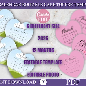 Kalendervorlage für einen Tortenaufsatz mit Herzmotiv, individueller Herz-Tortenaufsatz, druckbarer Kalender für 2026, Geburtstagstortenaufsatz, bearbeitbar mit Canva Bild 1