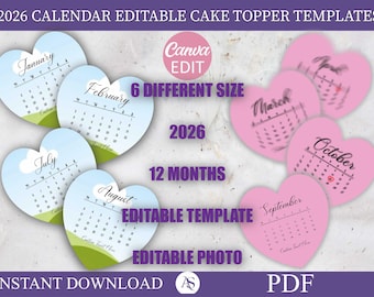 Kalendervorlage für einen Tortenaufsatz mit Herzmotiv, individueller Herz-Tortenaufsatz, druckbarer Kalender für 2026, Geburtstagstortenaufsatz, bearbeitbar mit Canva