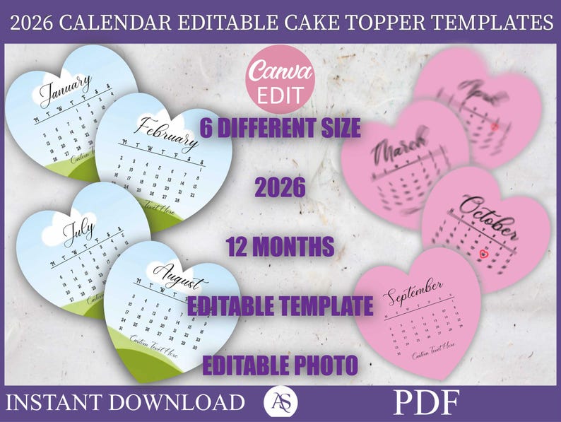 Kalendervorlage für einen Tortenaufsatz mit Herzmotiv, individueller Herz-Tortenaufsatz, druckbarer Kalender für 2026, Geburtstagstortenaufsatz, bearbeitbar mit Canva Bild 1