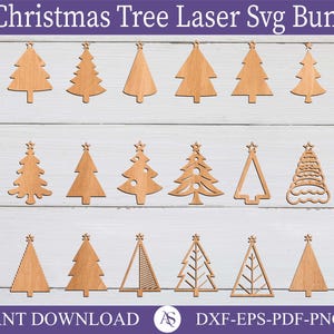 Może przedstawiać: Zbiór 32 drewnianych wzorów choinek, wycinanych laserowo. Obraz przedstawia różne style drzew. Tekst zawiera "32 Christmas Tree Laser Svg Bundle" i "Instant Download".