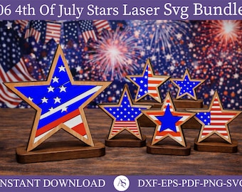 Archivo de corte láser de estrellas del 4 de julio, archivo de corte láser de estrellas para estante, diseños láser patrióticos, SVG de estrellas de la bandera estadounidense, archivo láser de estrellas en capas